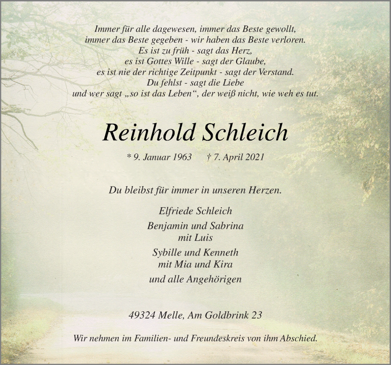  Traueranzeige für Reinhold Schleich vom 10.04.2021 aus Neue Osnabrücker Zeitung GmbH & Co. KG