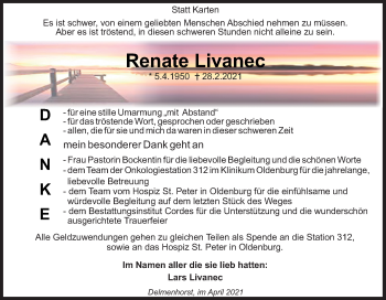 Traueranzeige von Renate Livanec von Neue Osnabrücker Zeitung GmbH & Co. KG