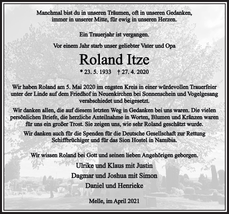  Traueranzeige für Roland Itze vom 24.04.2021 aus Neue Osnabrücker Zeitung GmbH & Co. KG
