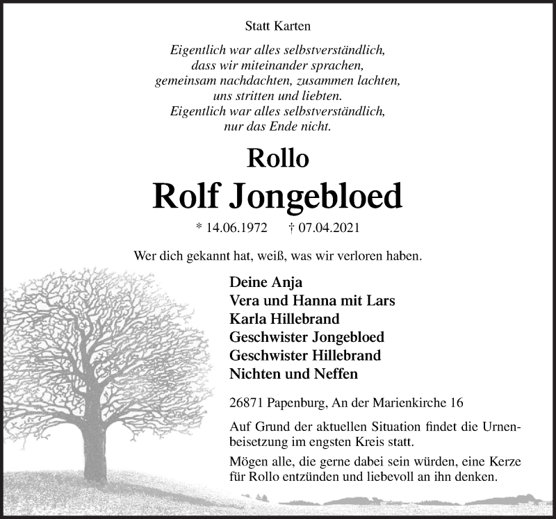  Traueranzeige für Rolf Jongebloed vom 12.04.2021 aus Neue Osnabrücker Zeitung GmbH & Co. KG