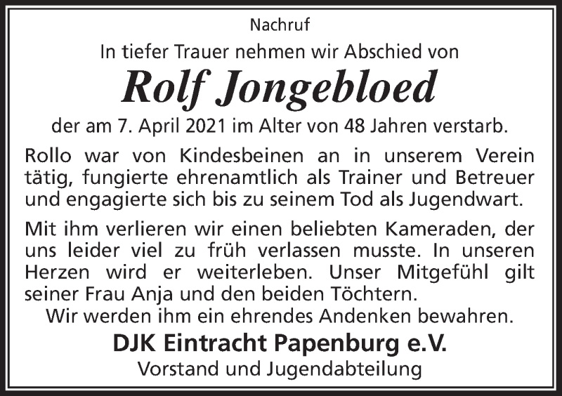  Traueranzeige für Rolf Jongebloed vom 13.04.2021 aus Neue Osnabrücker Zeitung GmbH & Co. KG