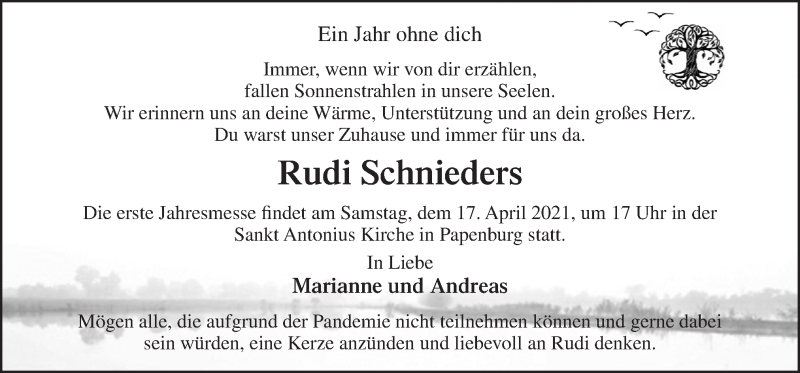  Traueranzeige für Rudi Schnieders vom 13.04.2021 aus Neue Osnabrücker Zeitung GmbH & Co. KG