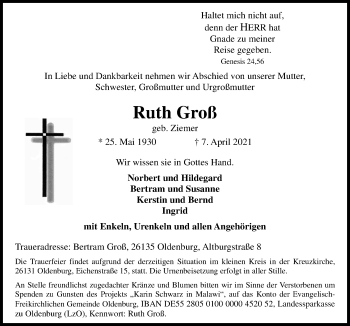 Traueranzeige von Ruth Groß von Neue Osnabrücker Zeitung GmbH & Co. KG