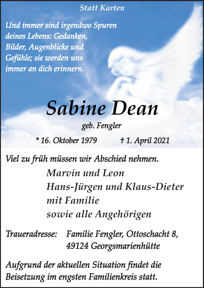  Traueranzeige für Sabine Dean vom 16.04.2021 aus Neue Osnabrücker Zeitung GmbH & Co. KG