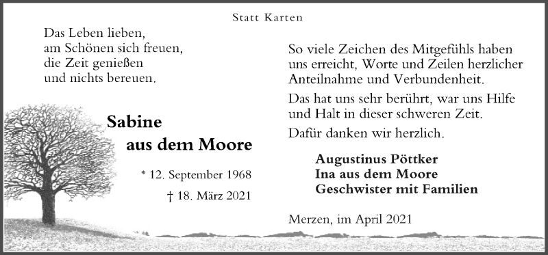  Traueranzeige für Sabine aus dem Moore vom 30.04.2021 aus Neue Osnabrücker Zeitung GmbH & Co. KG