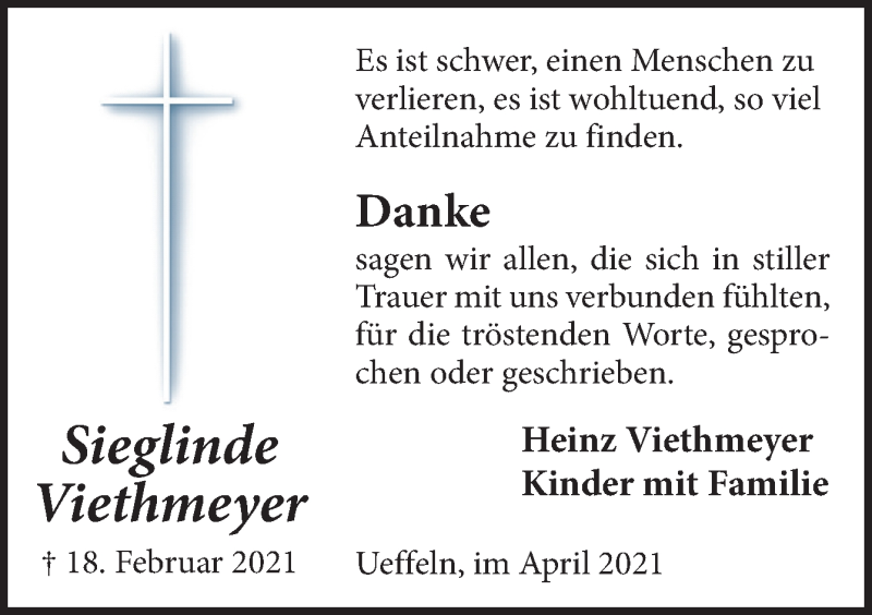  Traueranzeige für Sieglinde Viethmeyer vom 03.04.2021 aus Neue Osnabrücker Zeitung GmbH & Co. KG