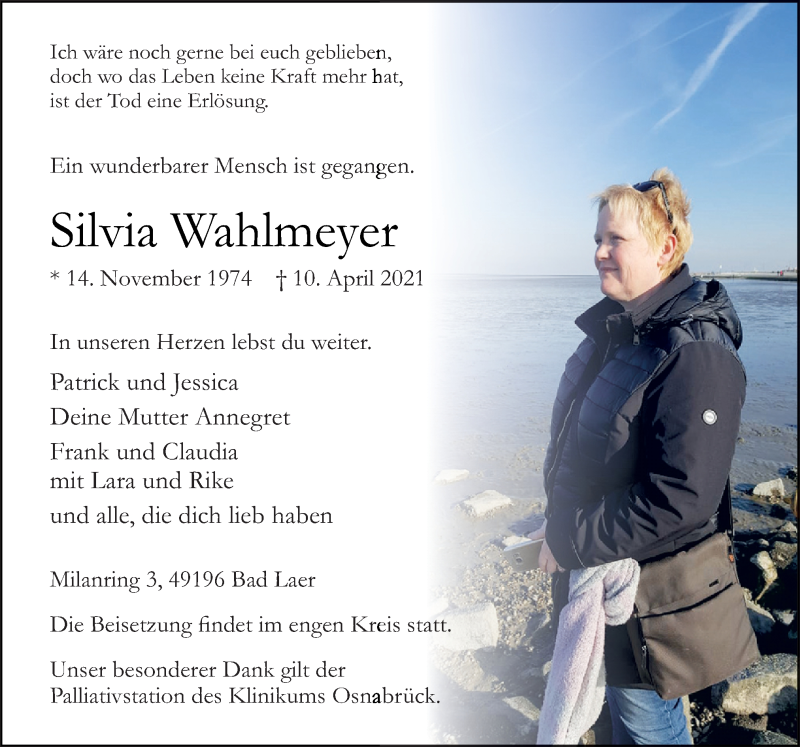  Traueranzeige für Silvia Wahlmeyer vom 14.04.2021 aus Neue Osnabrücker Zeitung GmbH & Co. KG