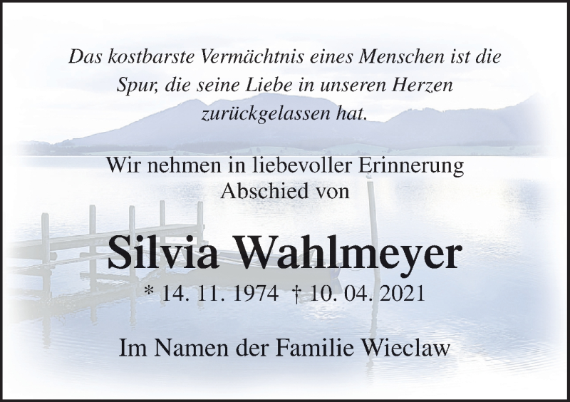  Traueranzeige für Silvia Wahlmeyer vom 14.04.2021 aus Neue Osnabrücker Zeitung GmbH & Co. KG