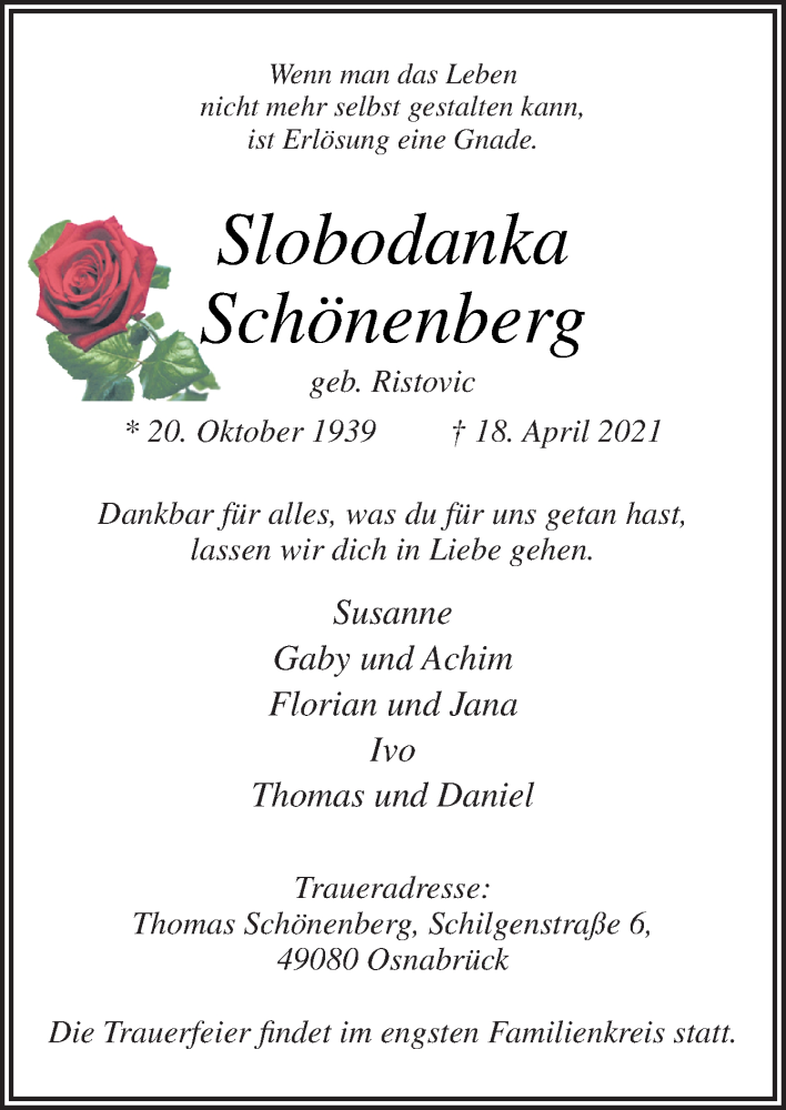  Traueranzeige für Slobodanka Schönenberg vom 24.04.2021 aus Neue Osnabrücker Zeitung GmbH & Co. KG