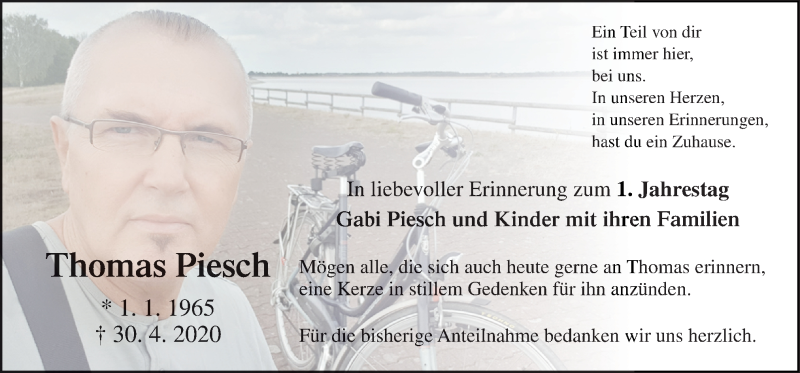  Traueranzeige für Thomas Piesch vom 30.04.2021 aus Neue Osnabrücker Zeitung GmbH & Co. KG