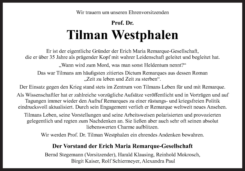  Traueranzeige für Tilman Westphalen vom 30.04.2021 aus Neue Osnabrücker Zeitung GmbH & Co. KG