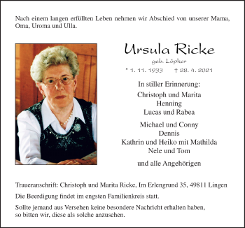 Traueranzeige von Ursula Ricke von Neue Osnabrücker Zeitung GmbH & Co. KG