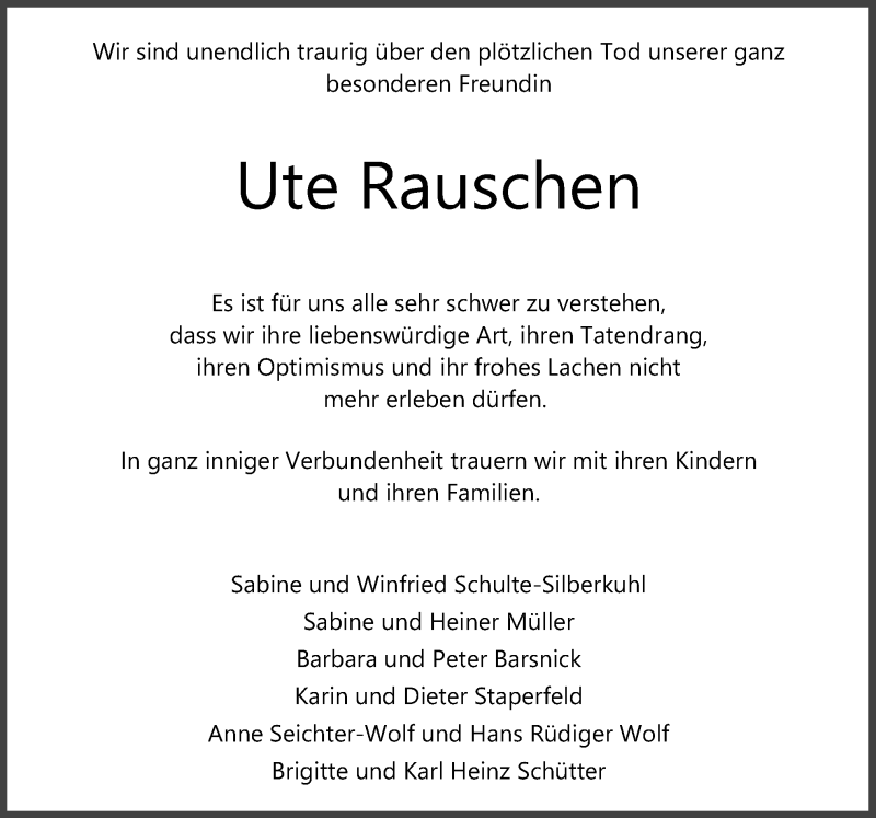  Traueranzeige für Ute Rauschen vom 30.04.2021 aus Neue Osnabrücker Zeitung GmbH & Co. KG