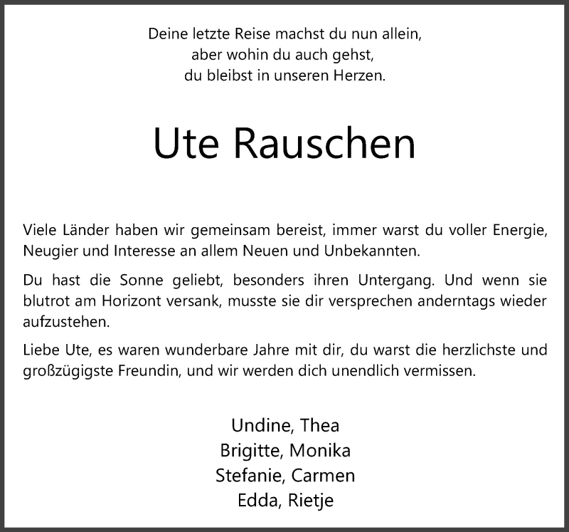  Traueranzeige für Ute Rauschen vom 30.04.2021 aus Neue Osnabrücker Zeitung GmbH & Co. KG