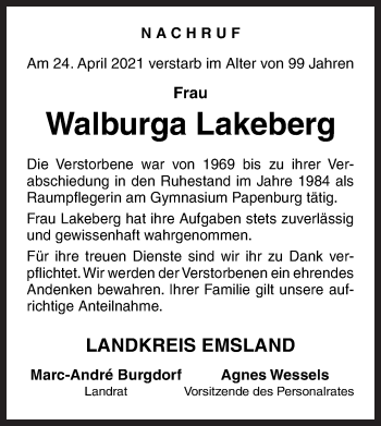 Traueranzeige von Walburga Lakeberg von Neue Osnabrücker Zeitung GmbH & Co. KG