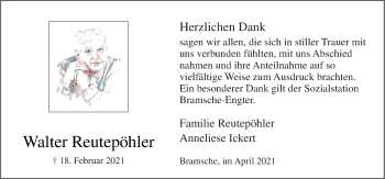 Traueranzeige von Walter Reutepöhler von Neue Osnabrücker Zeitung GmbH & Co. KG