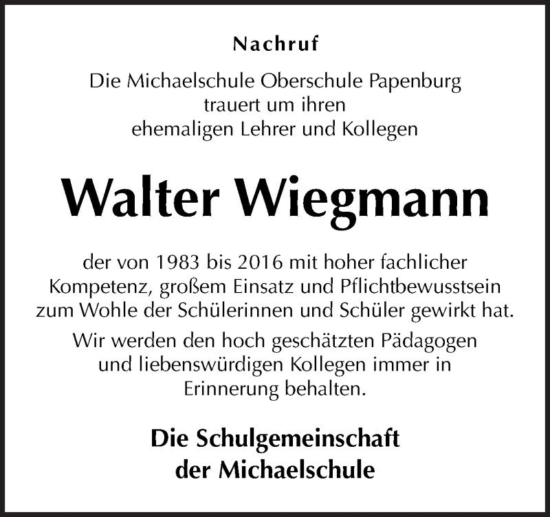  Traueranzeige für Walter Wiegmann vom 14.04.2021 aus Neue Osnabrücker Zeitung GmbH & Co. KG