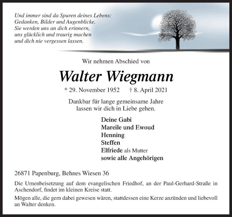  Traueranzeige für Walter Wiegmann vom 12.04.2021 aus Neue Osnabrücker Zeitung GmbH & Co. KG