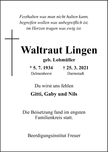 Traueranzeige von Waltraut Lingen von Neue Osnabrücker Zeitung GmbH & Co. KG