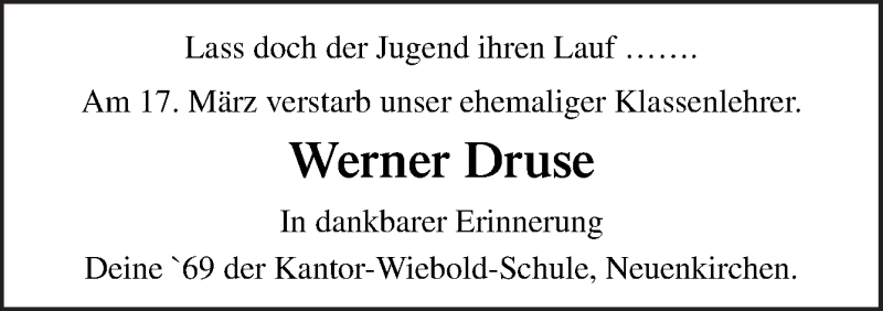  Traueranzeige für Werner Druse vom 03.04.2021 aus Neue Osnabrücker Zeitung GmbH & Co. KG