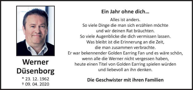  Traueranzeige für Werner Düsenborg vom 09.04.2021 aus Neue Osnabrücker Zeitung GmbH & Co. KG