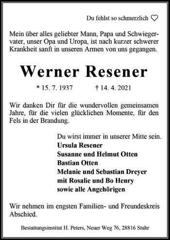 Traueranzeige von Werner Resener von Neue Osnabrücker Zeitung GmbH & Co. KG