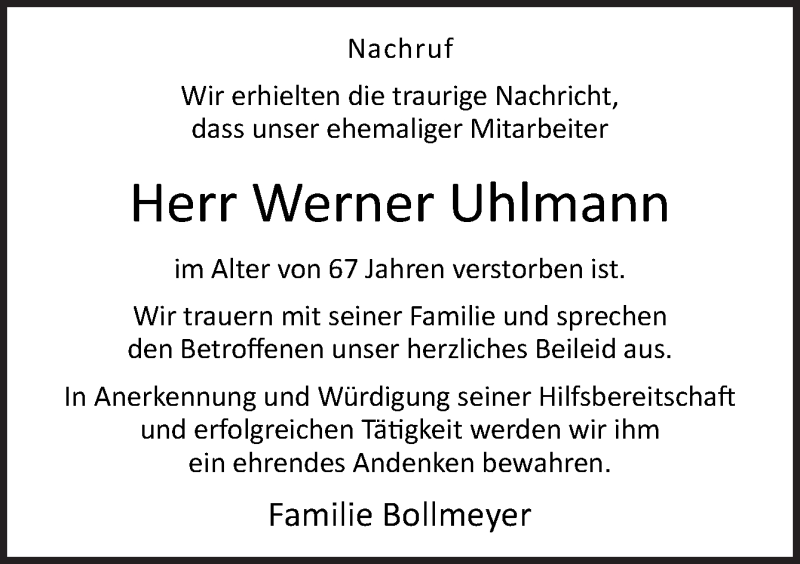  Traueranzeige für Werner Uhlmann vom 19.04.2021 aus Neue Osnabrücker Zeitung GmbH & Co. KG