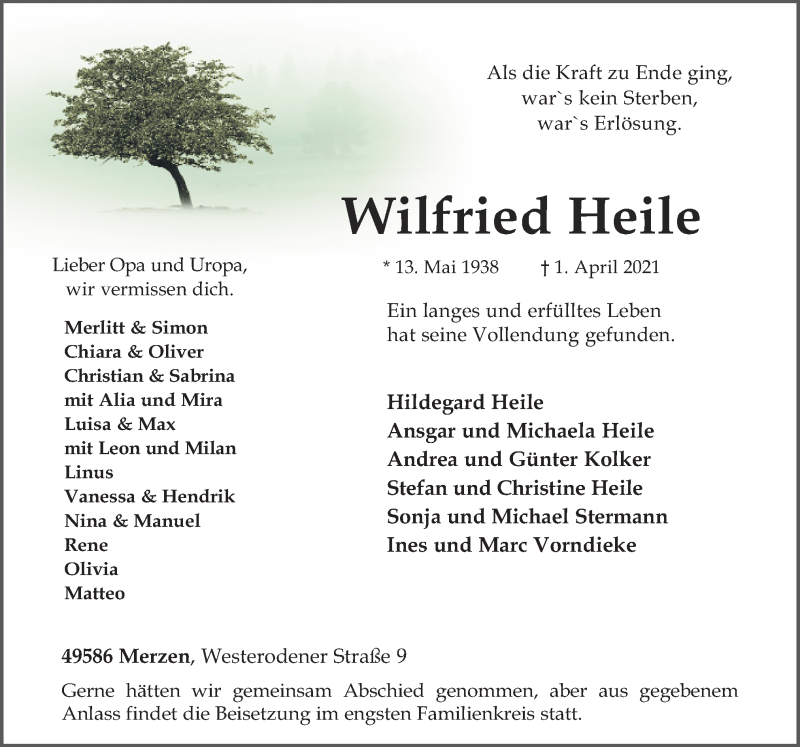  Traueranzeige für Wilfried Heile vom 06.04.2021 aus Neue Osnabrücker Zeitung GmbH & Co. KG