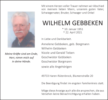 Traueranzeige von Wilhelm Gebbeken von Neue Osnabrücker Zeitung GmbH & Co. KG