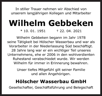 Traueranzeige von Wilhelm Gebbeken von Neue Osnabrücker Zeitung GmbH & Co. KG