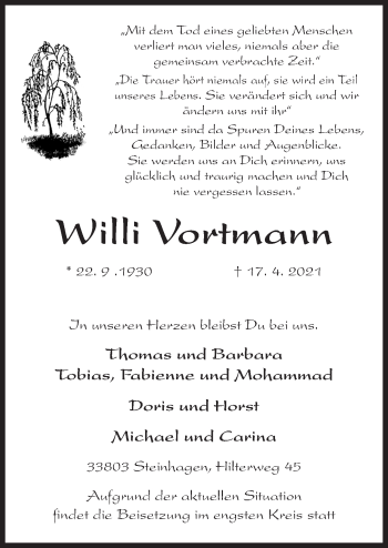 Traueranzeige von Willi Vortmann von Neue Osnabrücker Zeitung GmbH & Co. KG