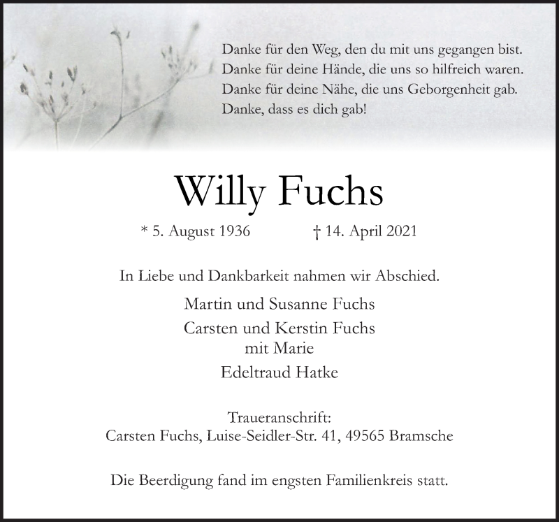  Traueranzeige für Willy Fuchs vom 24.04.2021 aus Neue Osnabrücker Zeitung GmbH & Co. KG