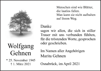 Traueranzeige von Wolfgang Gehnen von Neue Osnabrücker Zeitung GmbH & Co. KG