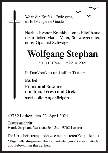 Traueranzeige von Wolfgang Stephan von Neue Osnabrücker Zeitung GmbH & Co. KG