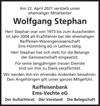 Traueranzeige von Wolfgang Stephan von Neue Osnabrücker Zeitung GmbH & Co. KG