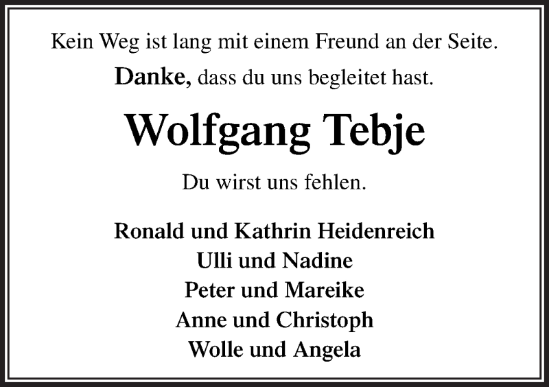  Traueranzeige für Wolfgang Tebje vom 30.04.2021 aus Neue Osnabrücker Zeitung GmbH & Co. KG