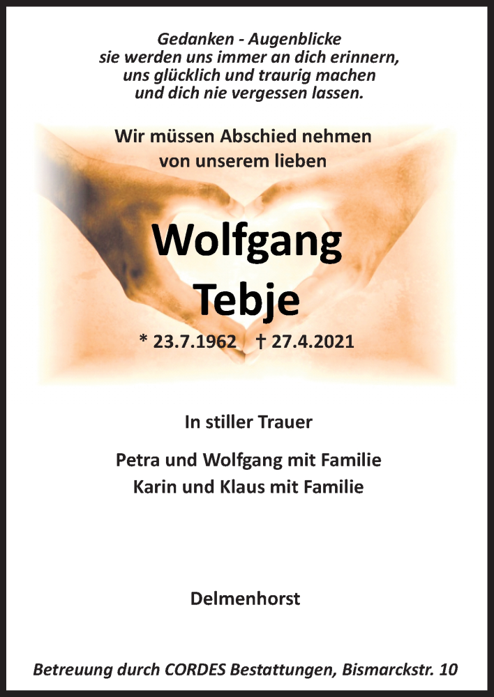  Traueranzeige für Wolfgang Tebje vom 30.04.2021 aus Neue Osnabrücker Zeitung GmbH & Co. KG