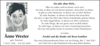 Traueranzeige von Änne Wester von Neue Osnabrücker Zeitung GmbH & Co. KG