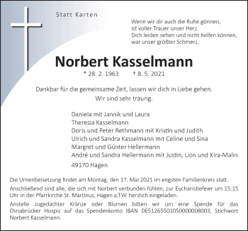 Traueranzeige von Norbert Kasselmann von Neue Osnabrücker Zeitung GmbH & Co. KG