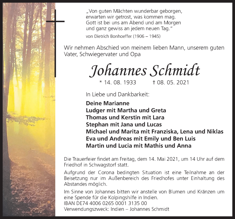  Traueranzeige für Johannes Schmidt vom 12.05.2021 aus Neue Osnabrücker Zeitung GmbH & Co. KG