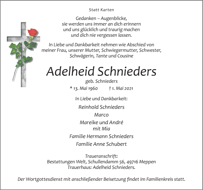  Traueranzeige für Adelheid Schnieders vom 05.05.2021 aus Neue Osnabrücker Zeitung GmbH & Co. KG