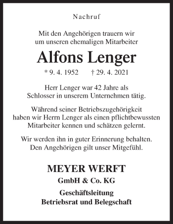 Traueranzeige von Alfons Lenger von Neue Osnabrücker Zeitung GmbH & Co. KG