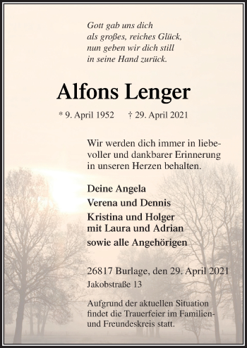 Traueranzeige von Alfons Lenger von Neue Osnabrücker Zeitung GmbH & Co. KG