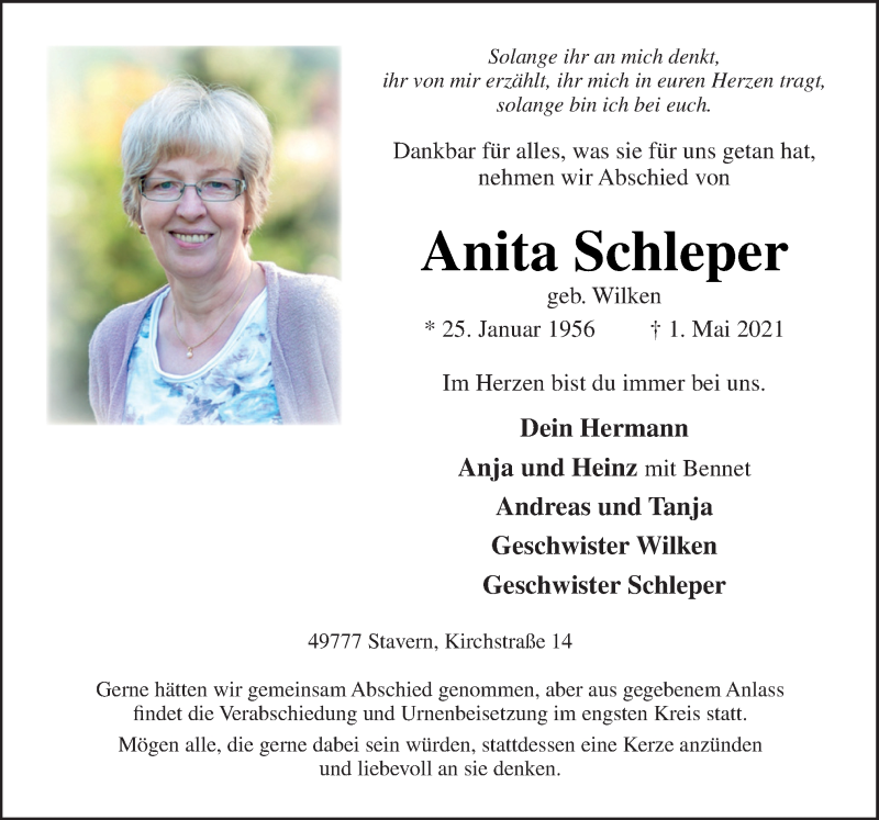  Traueranzeige für Anita Schleper vom 04.05.2021 aus Neue Osnabrücker Zeitung GmbH & Co. KG