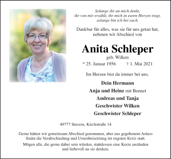 Traueranzeige von Anita Schleper von Neue Osnabrücker Zeitung GmbH & Co. KG