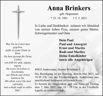 Traueranzeige von Anna Brinkers von Neue Osnabrücker Zeitung GmbH & Co. KG