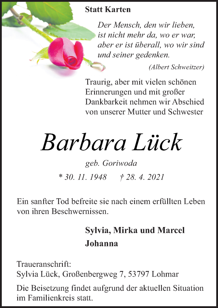  Traueranzeige für Barbara Lück vom 08.05.2021 aus Neue Osnabrücker Zeitung GmbH & Co. KG