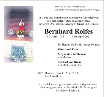 Traueranzeige von Bernhard Rolfes von Neue Osnabrücker Zeitung GmbH & Co. KG