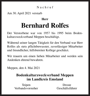 Traueranzeige von Bernhard Rolfes von Neue Osnabrücker Zeitung GmbH & Co. KG