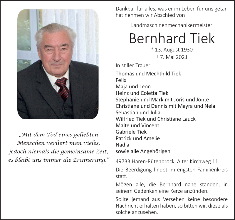  Traueranzeige für Bernhard Tiek vom 10.05.2021 aus Neue Osnabrücker Zeitung GmbH & Co. KG